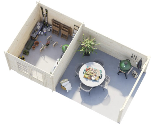 Draufsicht auf ein Gartenhaus aus Holz mit zwei Bereichen: einem Stauraum für Werkzeuge und einem überdachten Terrassenbereich mit Sitzgruppe.