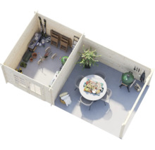 Draufsicht auf ein hölzernes Gartenhaus mit einem Abstellraum und einer Terrasse inklusive Sitzgruppe und Griller.
