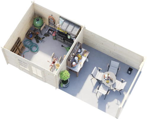 3D-Ansicht eines Gartenhauses aus Holz mit zwei Bereichen: Abstellraum für Gartengeräte und eine offene Terrasse mit Sitzgruppe.
