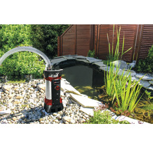 Einhell Tauchpumpe mit transparentem Schlauch an einem Gartenteich mit Steinumrandung und Wasserpflanzen.