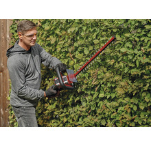 Ein Mann schneidet eine Hecke mit einer Akku-Heckenschere und trägt dabei Sicherheitsausrüstung.