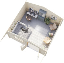 Draufsicht auf ein eingerichtetes Holzblockhaus mit Schlafbereich, Arbeitsplatz, Sitzgelegenheit und Teppich im Innenraum.