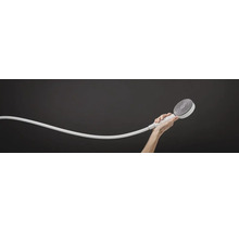 Eine Hand hält eine runde Handbrause mit Duschschlauch vor einem neutralen Hintergrund