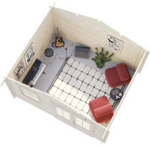 Draufsicht auf ein eingerichtetes Holzgartenhaus als Musikzimmer mit Keyboard, Gitarre, Verstärker, Sesseln und Teppich in moderner Ausstattung.