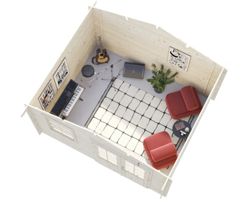 Draufsicht auf ein eingerichtetes Holzgartenhaus als Musikzimmer mit Keyboard, Gitarre, Verstärker, Sesseln und Teppich in moderner Ausstattung.
