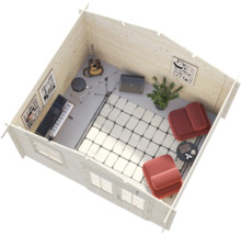 Draufsicht auf ein gemütliches Gartenhaus aus Holz, eingerichtet als Musikzimmer mit zwei Sesseln, Keyboard, Gitarre und dekorativen Wandbildern.