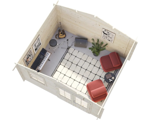 Draufsicht auf ein gemütliches Gartenhaus aus Holz, eingerichtet als Musikzimmer mit zwei Sesseln, Keyboard, Gitarre und dekorativen Wandbildern.
