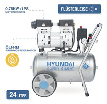 Hyundai Super Silent Kompressor mit 24 Liter Kessel und ölfreiem 0,75 Kilowatt Motor für flüsterleisen Betrieb.