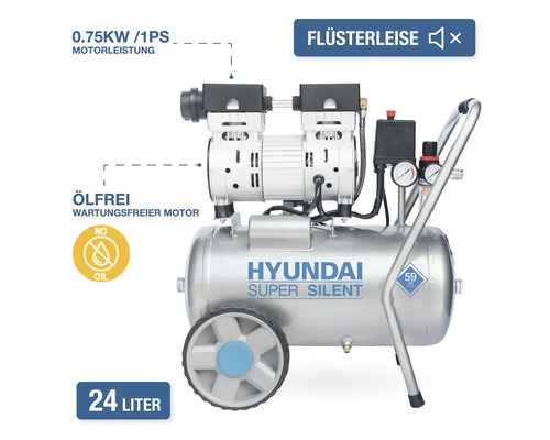 Hyundai Super Silent Kompressor mit 24 Liter Kessel und ölfreiem 0,75 Kilowatt Motor für flüsterleisen Betrieb.