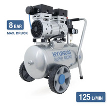 Hyundai Super Silent Kompressor mit 8 Bar maximalem Druck und 125 Liter pro Minute Ansaugleistung.