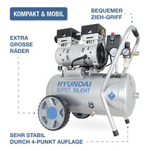 Hyundai Super Silent Kompressor mit Fahrwerk und Griff, geräuscharmer Druckluftkompressor mit Kessel und Manometer für Werkstatt und Heimwerker.