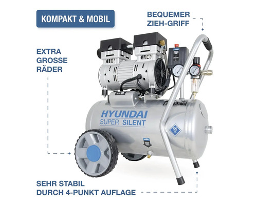 Hyundai Super Silent Kompressor mit Fahrwerk und Griff, geräuscharmer Druckluftkompressor mit Kessel und Manometer für Werkstatt und Heimwerker.