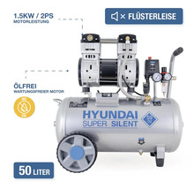Hyundai Super Silent Kompressor mit 50 Liter Tank, 1,5 Kilowatt Motorleistung, ölfreier wartungsfreier Motor, flüsterleise mit 59 Dezibel.