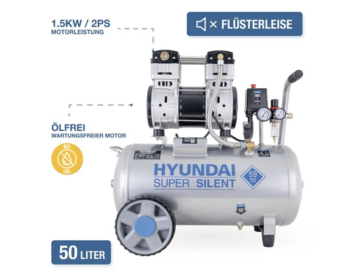 Hyundai Super Silent Kompressor mit 50 Liter Tank, 1,5 Kilowatt Motorleistung, ölfreier wartungsfreier Motor, flüsterleise mit 59 Dezibel.