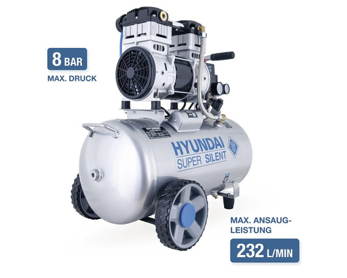 Hyundai Super Silent Kompressor mit 8 Bar maximalem Druck und 232 Litern pro Minute Ansaugleistung.