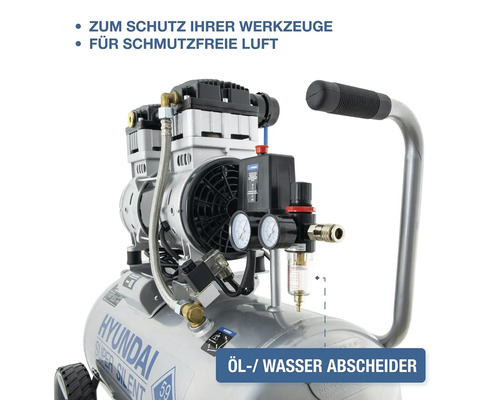 Hyundai Super Silent Kompressor mit Öl- und Wasserabscheider für saubere Druckluft und Werkzeugschutz