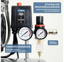 Druckminderer und Manometer eines Kompressors mit stufenloser Druckregulierung und Schnellkupplung zur Überwachung des Tankdrucks.