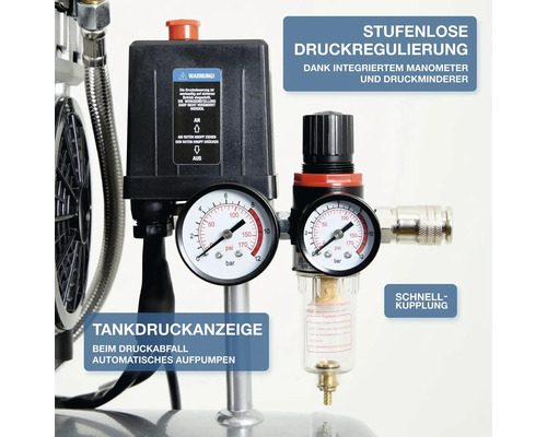 Druckminderer und Manometer eines Kompressors mit stufenloser Druckregulierung und Schnellkupplung zur Überwachung des Tankdrucks.