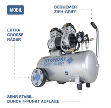 Hyundai Super Silent Kompressor mit Rollen, Tragegriff und stabiler Vierpunktauflage.