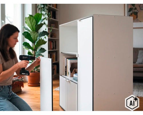 Eine Frau montiert einen modernen Schrank mit einem Akku Schrauber in einem Wohnzimmer. (Image AI modified or generated)
