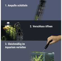 Anwendungshinweise für Dennerle Elixir Bio Aquarium Wasserpflege: Schütteln, Öffnen und gleichmäßiges Verteilen im Aquariumwasser.