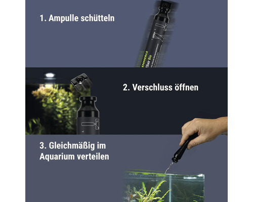 Anwendungshinweise für Dennerle Elixir Bio Aquarium Wasserpflege: Schütteln, Öffnen und gleichmäßiges Verteilen im Aquariumwasser.