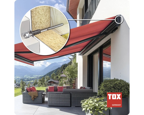TOX Dübel zur Markisenbefestigung in einer Fassade mit Dämmung dargestellt in einem Anwendungsbeispiel an einem Wohnhaus