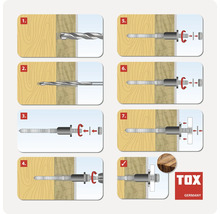 Schritt für Schritt Montageanleitung für einen TOX Befestigungsanker in eine Wand mit Holzunterkonstruktion.