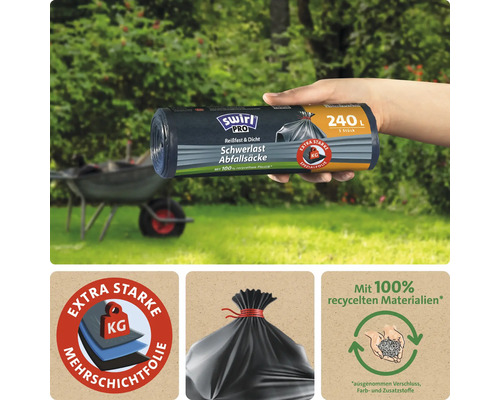 Swirl Pro Schwerlast Abfallsäcke 240 Liter aus recyceltem Kunststoff für Gartenabfälle mit reißfester Mehrschichtfolie in einer 5er Packung.
