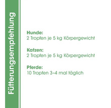 Fütterungsempfehlung für Hunde, Katzen und Pferde mit Dosierungsanweisungen.