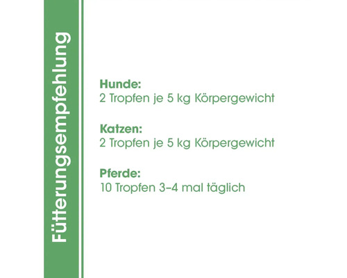 Fütterungsempfehlung für Hunde, Katzen und Pferde mit Dosierungsanweisungen.