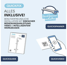 Grohe QuickFix Konzept mit QuickSpanner Werkzeug, QuickGuide Installationsanleitung und QuickVideo Montageanleitung per QR Code.