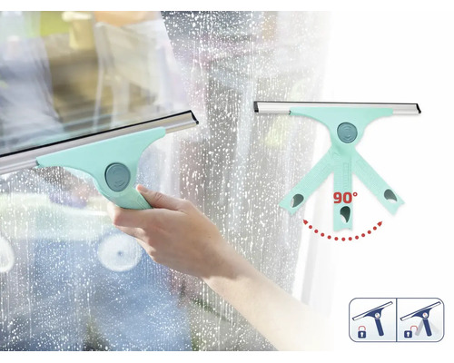 Ein Fensterabzieher mit verstellbarem Gelenk, der beim Reinigen einer Fensterscheibe verwendet wird.