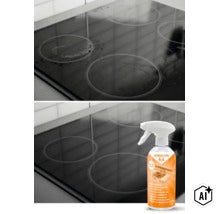 Vorher und Nachher Vergleich eines Kochfeldes mit Rakkuun Küchenentfetter in der Sprühflasche. (Image AI modified or generated)