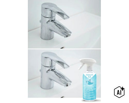 Vorher Nachher Vergleich einer verkalkten und einer gereinigten Waschtischarmatur mit einer Flasche Rakkuun Sanitär und Kalkreiniger. (Image AI modified or generated)