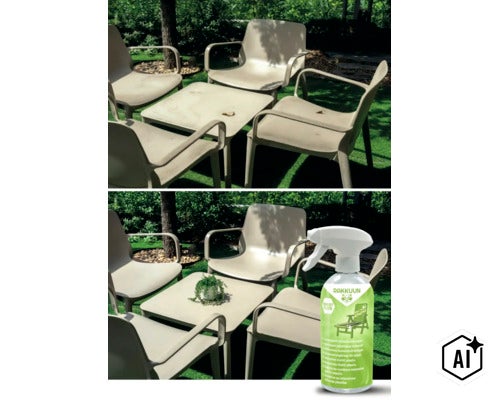 Vorher-nachher-Vergleich der Reinigung von Gartenmöbeln mit Rakkuun Kunststoff-Intensivreiniger in einem Garten. (Image AI modified or generated)