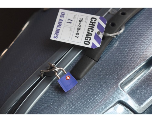 Koffer mit Gepäckanhänger und TSA-Schloss