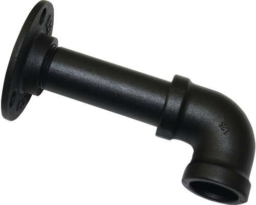 Schwarzes Temperguss-Winkelstück mit Flansch zur Wandmontage