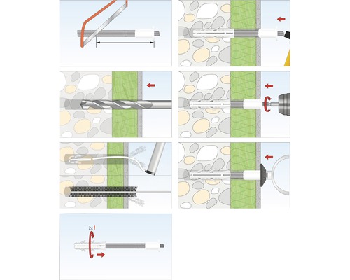 Anleitung zur Installation eines Dübels in einer Wand mit einer Säge, einem Bohrer und einer Bürste