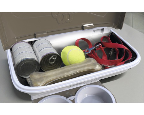 Aufbewahrungsbox für Tiernahrung und Zubehör mit Dosen, Spielzeug und Leine