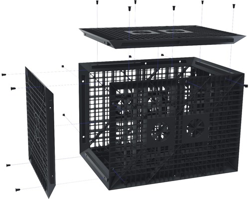 Explosionszeichnung einer schwarzen Kunststoff-Gartenbox mit Deckel und Seitenteil