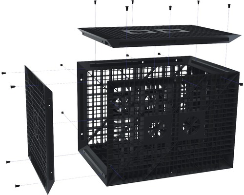 Explosionsdarstellung eines Grow Cube Systems mit Lüftung