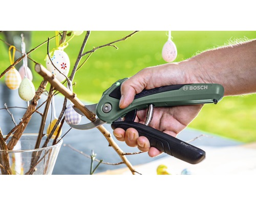 Eine Hand benutzt eine Bosch EasyPrune Gartenschere, um einen Zweig zu schneiden. Dekorative Ostereier hängen an den Zweigen.