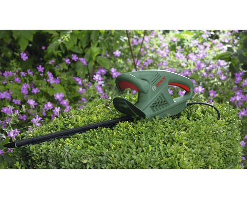 Bosch Heckenschere auf einem Strauch vor Blumen