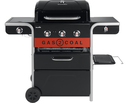 Gasgrill mit drei Brennern, Kohlebehälter und Ablageflächen.