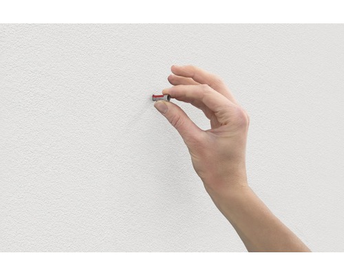 Hand setzt Dübel in Wand