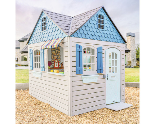 Spielhaus mit Tür, Fenstern und dekorativen Details für den Garten