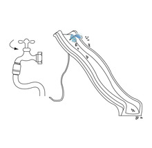 Illustration einer Wasserrutsche, die an einen Wasserhahn angeschlossen wird.