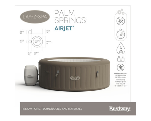 Lay-Z-Spa Palm Springs Airjet Whirlpool mit den Maßen 196 x 71 x 196 cm und Freeze Shield Symbol für winterfeste Technologie