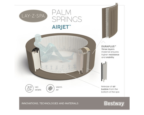 Lay-Z-Spa Palm Springs Airjet mit Duraplus Material und 140 Airjets für Widerstandsfähigkeit und Stabilität